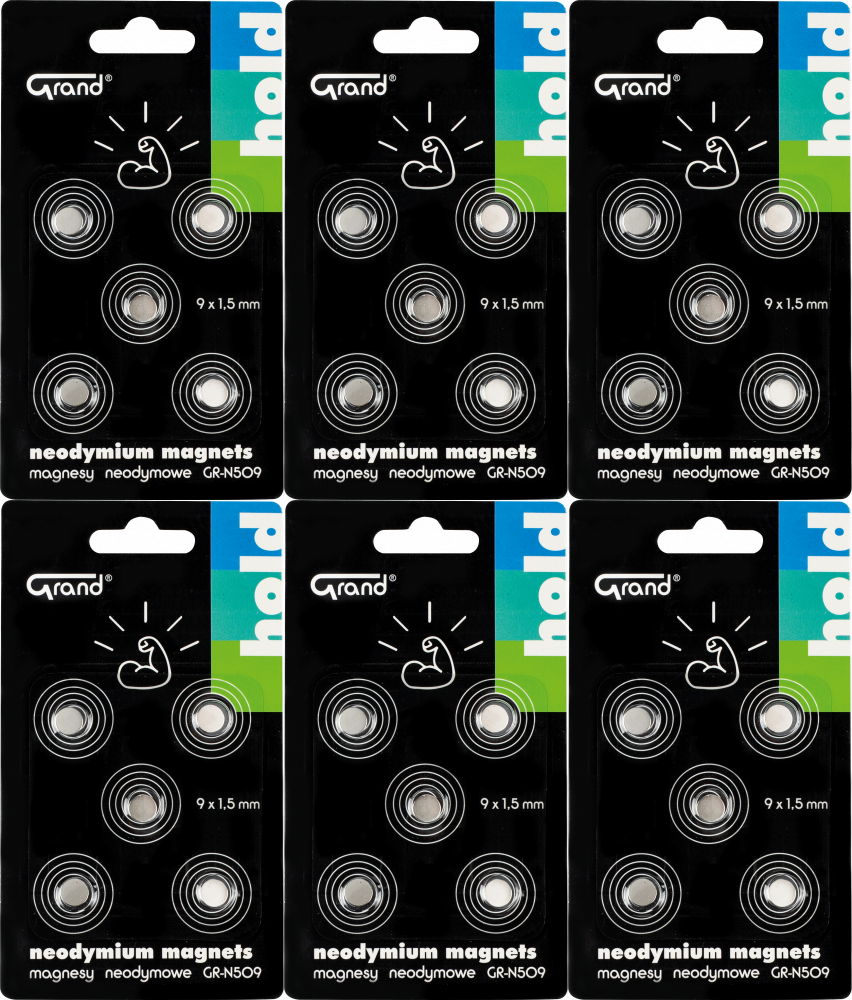 6x Magnesy neodymowe Grand GR-N509, 9mm, 5 sztuk, srebrny