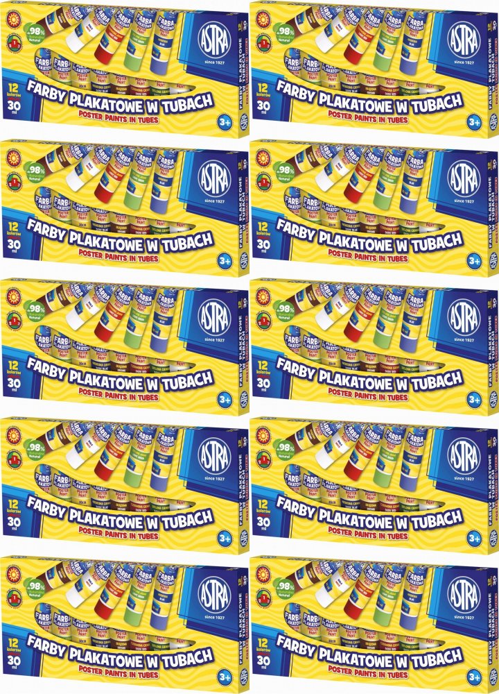 10x Farby plakatowe Astra, w tubkach, 30ml, 12 sztuk, mix kolorów