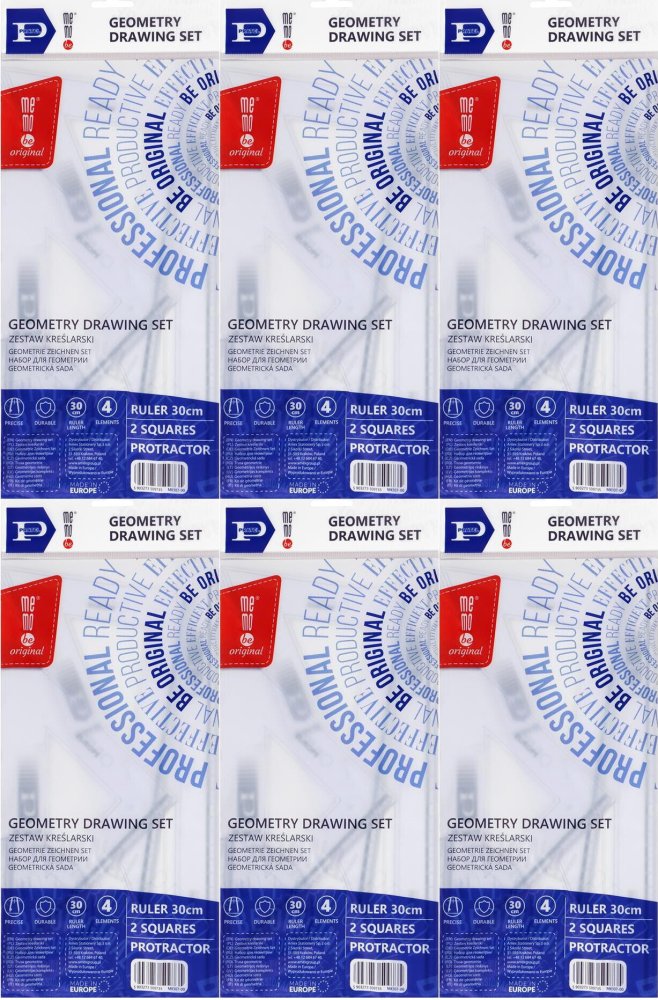 6x Zestaw kreślarski MemoBe z linijką 30cm, 4 elementy, transparentny