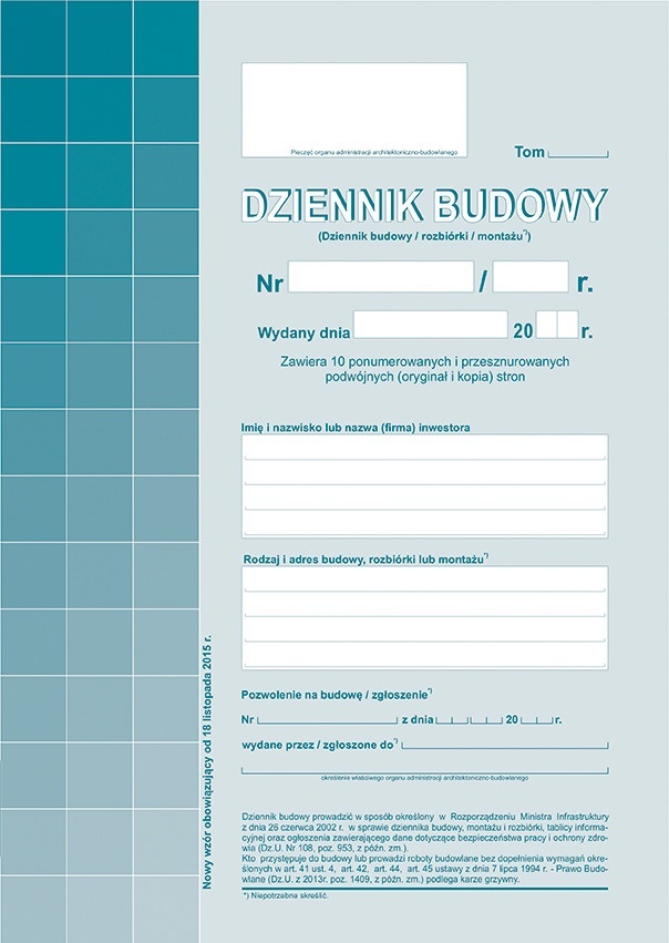 Druk akcydensowy Dziennik budowy MiP 603-1, A4, offsetowy, 10k
