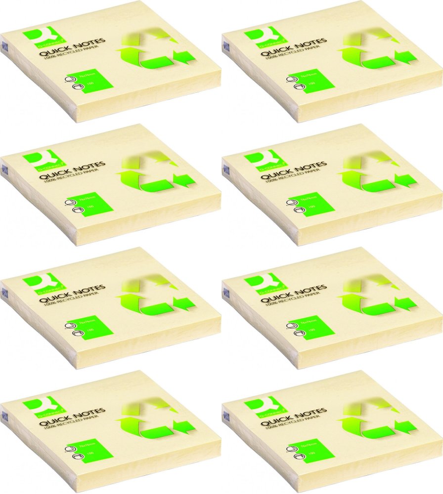 8x Karteczki samoprzylepne Q-Connect 100% Recycled, 76x76mm, 100 karteczek, żółty