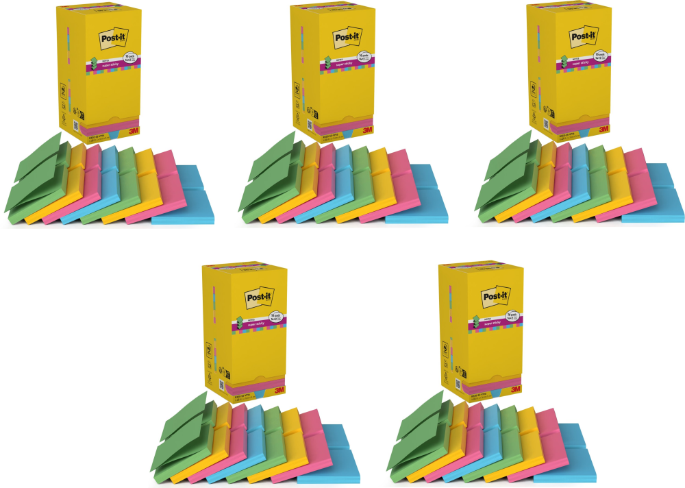 5x Karteczki samoprzylepne Post-It Super Sticky Z-Notes (R330-SS-VP16), 76x76mm, 16 (14+2 gratis) x 90 karteczek, mix kolorów