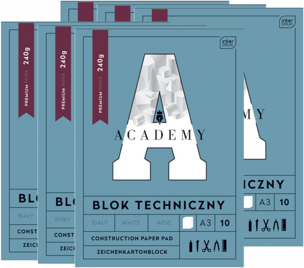 6x Blok techniczny Interdruk Academy, A3, 10 kartek, biały