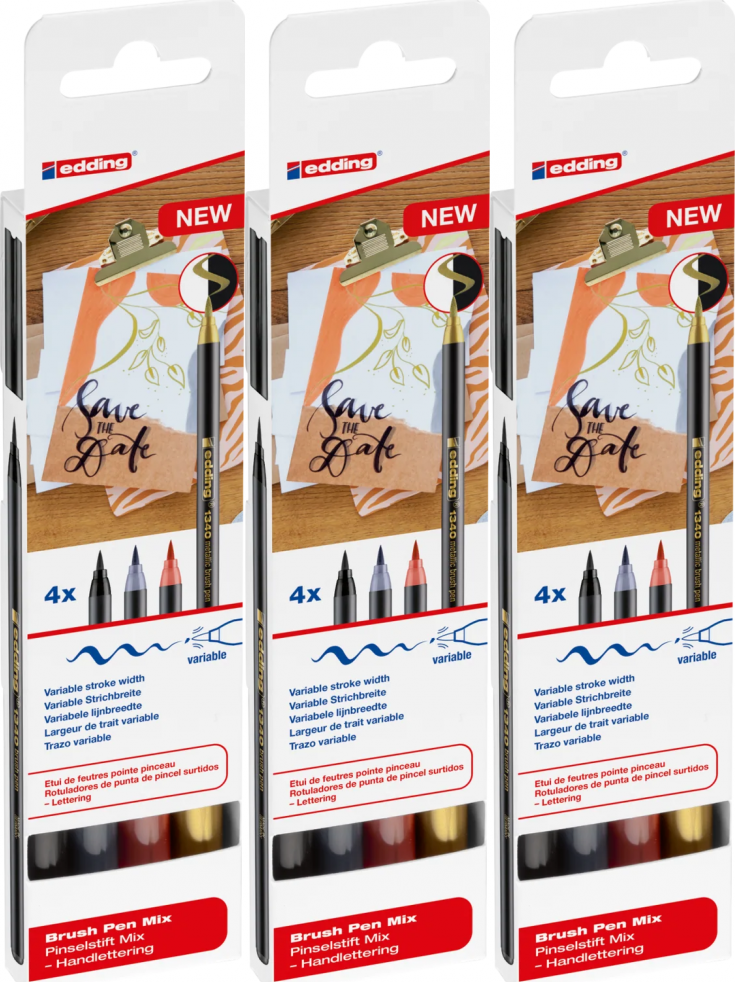 3x Pisak z końcówką pędzelkową edding 1340, 4 sztuki, mix kolorów metalicznych