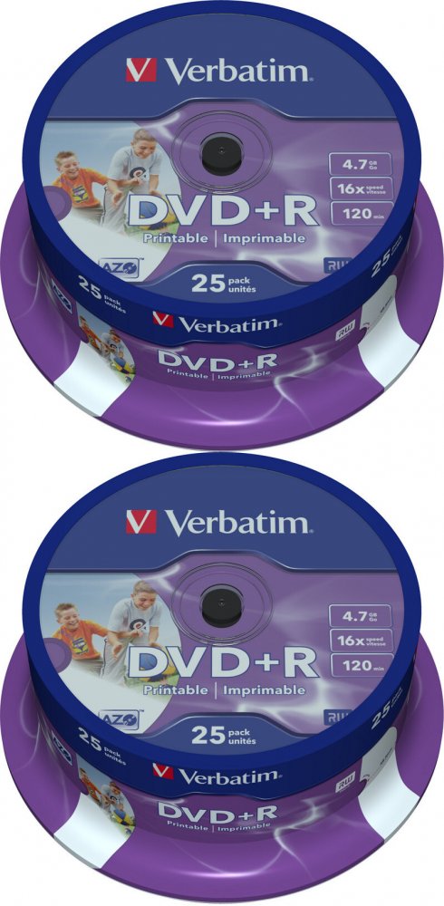 2x Płyta DVD+R Verbatim, do jednokrotnego zapisu, 4.7 GB, cake box, 25 sztuk
