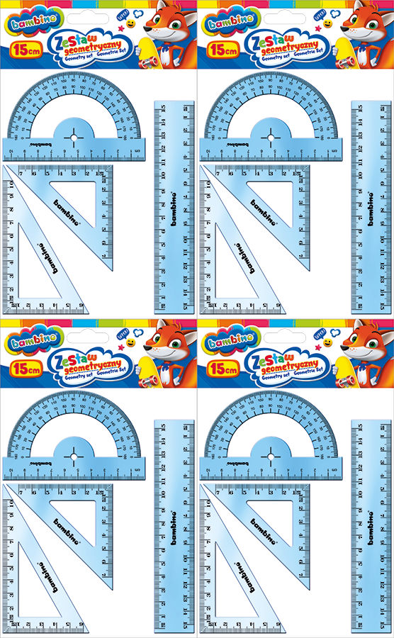 4x Zestaw geometryczny Bambino Zwierzaki Uczniaki, 4 elementy (w tym linijka 15cm), mix kolorów
