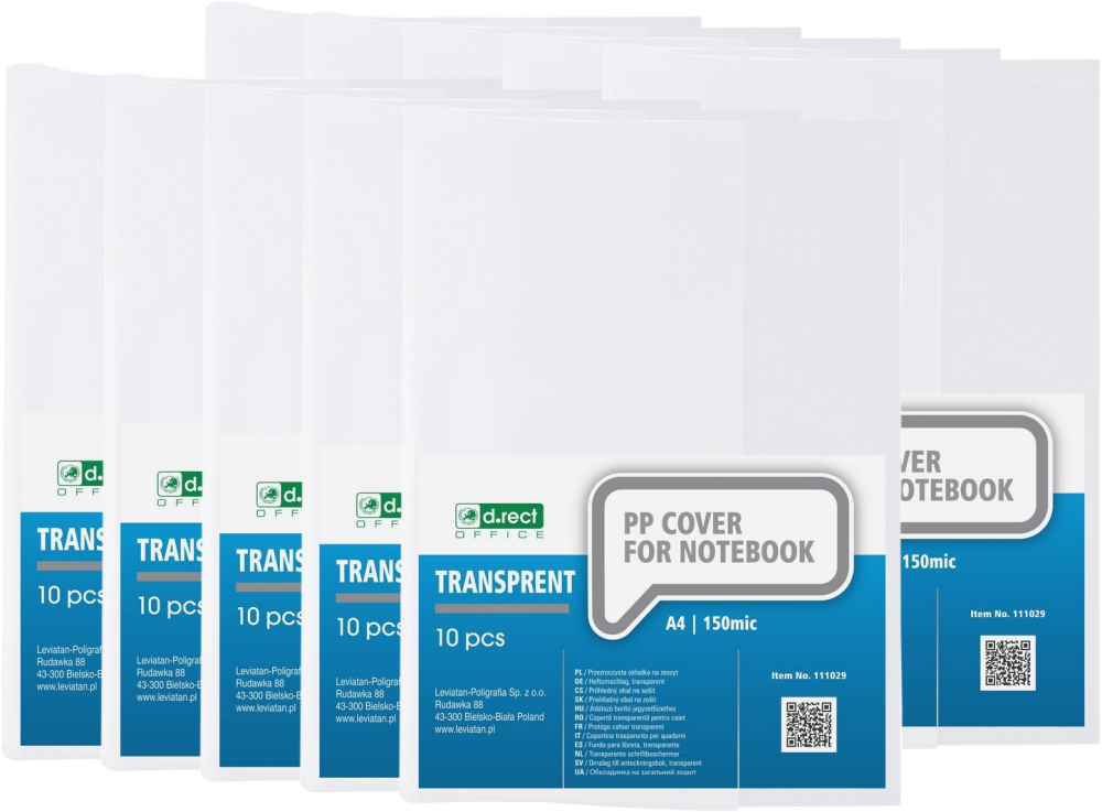10x Okładka na zeszyt D.Rect, A4, 150mic, 10 sztuk, przezroczysty