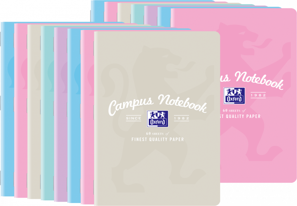 15x Zeszyt w kratkę Oxford Campus, A5, miękka oprawa, 60 kartek, mix kolorów pastelowych