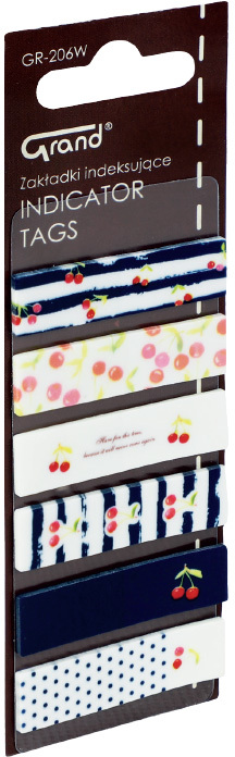 Zakładki samoprzylepne Grand GR-206W, proste (z nadrukiem wiśni), indeksujące, folia, 45x12mm, 6x20 sztuk, mix kolorów