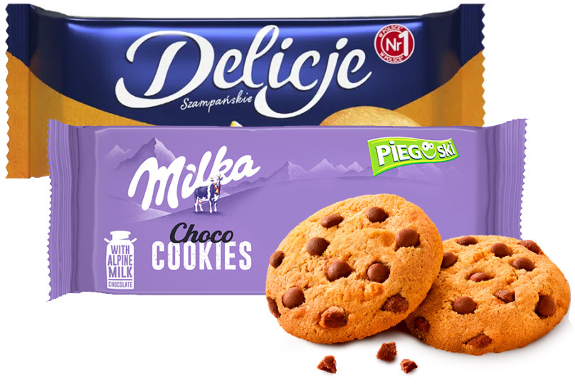 Zestaw: Ciastka Pieguski Milka, z czekoladą, 135g + Ciastka Delicje szampańskie Mondelez, pomarańczowy, 147g