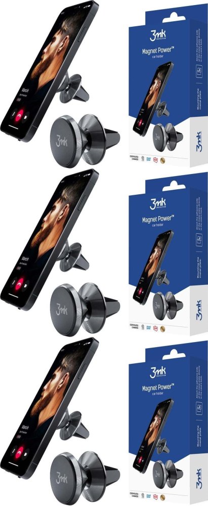 3x Uchwyt na telefon do samochodu 3mk Magnet Power, magnetyczny, czarny