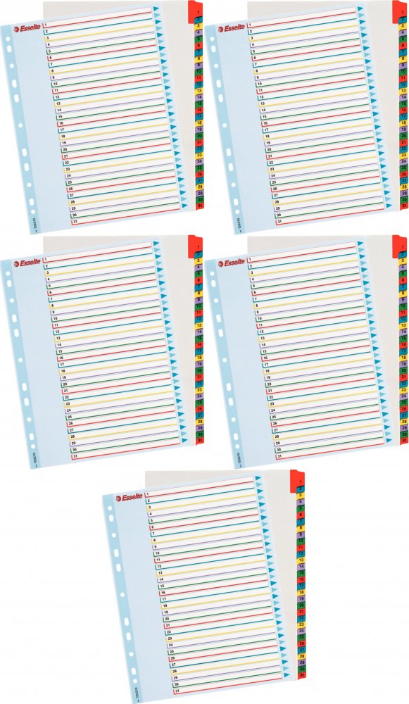 5x Przekładki do segregatora Esselte, kartonowe, numeryczne, A4+, 1-31 kart, mix kolorów
