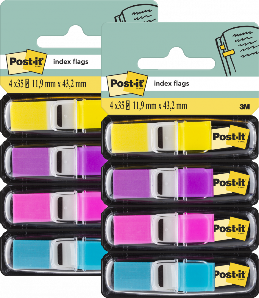 2x Zakładki samoprzylepne Post-it proste, indeksujące, folia, półtransparentne, 11.9x43.1mm, 4x35 sztuk, mix kolorów neonowych