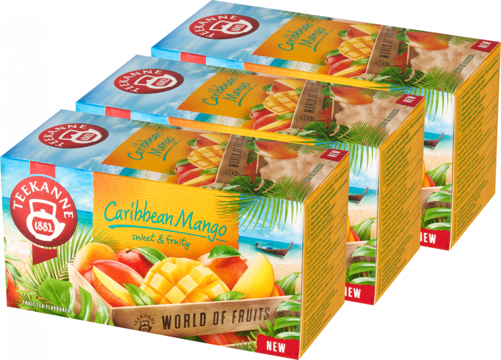 3x Herbata owocowa w torebkach Teekanne World of Fruits Caribbean Mango, mango, 20 sztuk x 2.25g
