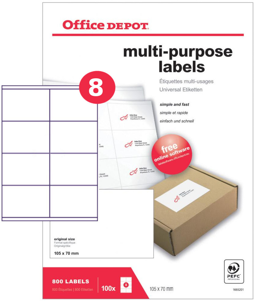 Etykiety uniwersalne Office Depot, 105x70mm, 100 arkuszy, biały