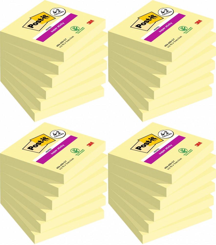 4x Karteczki samoprzylepne Post-it Super Sticky, 76x76mm, 6x90 karteczek, żółty