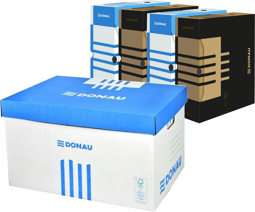 Zestaw pudeł archiwizacyjnych Donau: Pudło zbiorcze Donau, 545 mm, otwierane od góry, niebieski + 4x Pudło Donau120mm (2x brązowy, 2x niebieski)