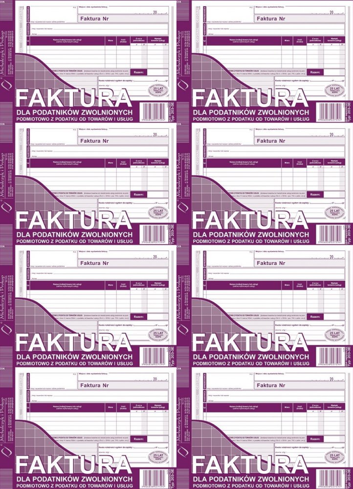 8x Faktura dla podatników zwol.podmiotowo z podatku od towarów i usług MiP 203-3E, A5, samokopiujący, 80k