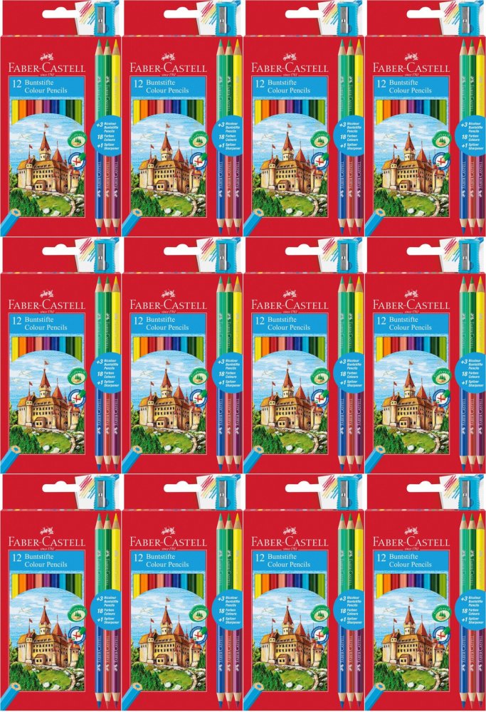 12x Kredki ołówkowe Faber Castell Zamek, 12 sztuk + 3 kredki dwustronne Bicolor + temperówka. mix kolorów