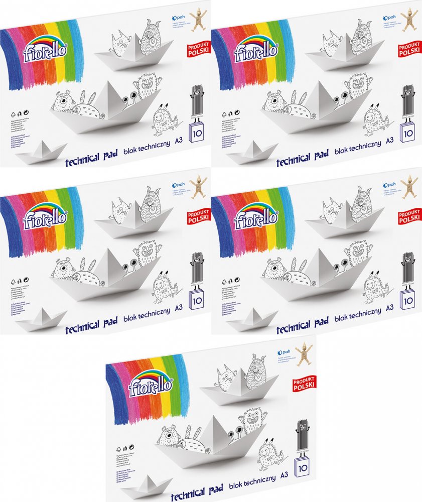 5x Blok techniczny Fiorello, A3, 10 kartek, biały