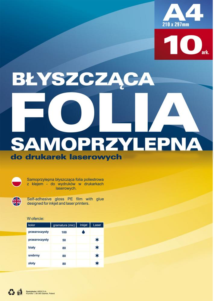 Folia samoprzylepna Argo, do drukarek laserowych, A4, 10 arkuszy, biały
