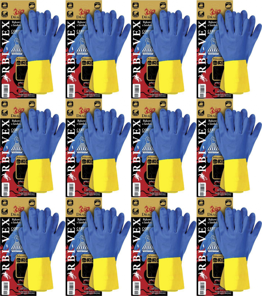 12x Rękawiczki lateksowe neoprenowe Reis RBI-VEX, rozmiar 8, niebiesko-żółty