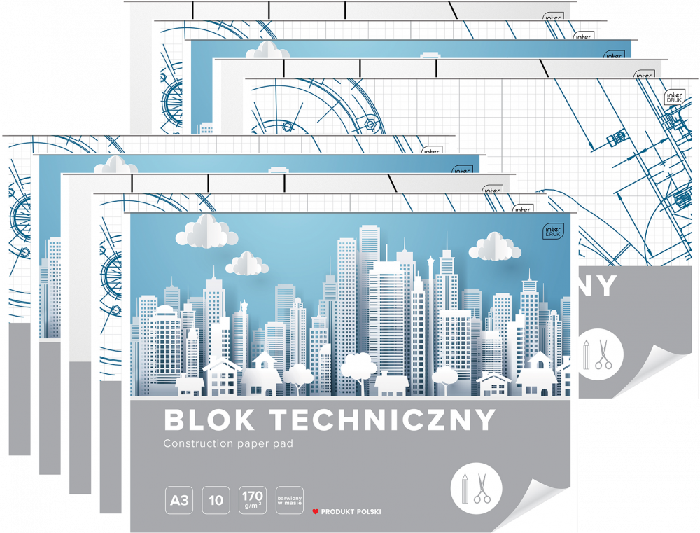 10x Blok techniczny Interdruk, A3, 10 kartek, biały