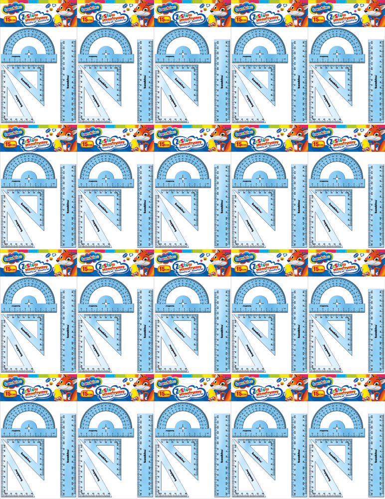 20x Zestaw geometryczny Bambino Zwierzaki Uczniaki, 4 elementy (w tym linijka 15cm), mix kolorów