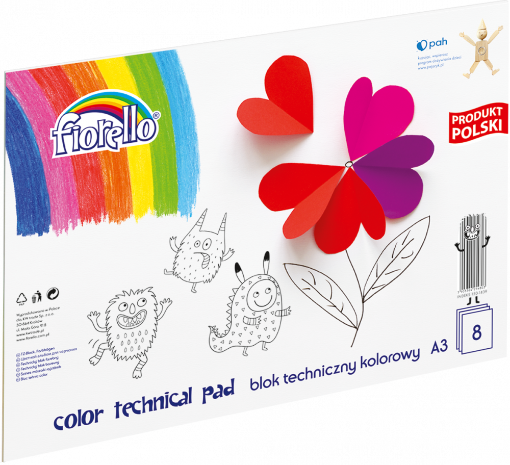Blok techniczny kolorowy Fiorello, A3, 8 kartek, kolorowy