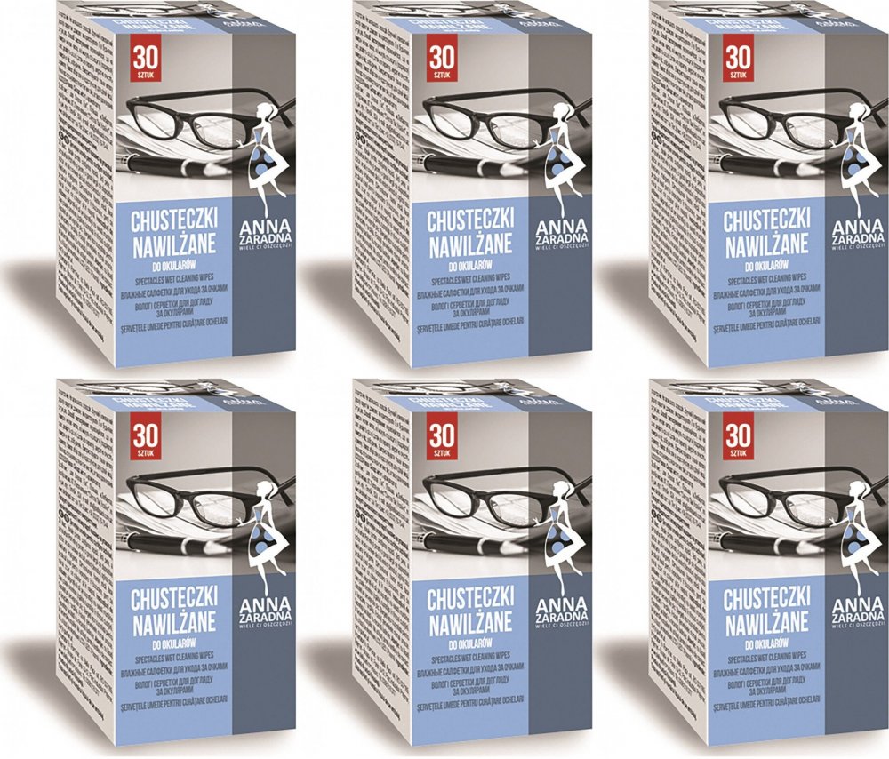 6x Chusteczki nawilżane do czyszczenia okularów i ekranów Anna Zaradna, 30 sztuk