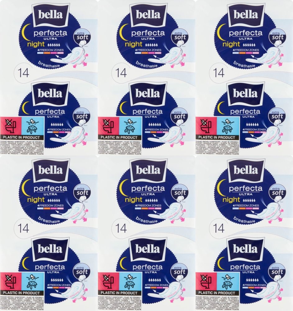 6x Podpaski Bella Perfecta Ultra Night, extra soft, ze skrzydełkami,14 sztuk