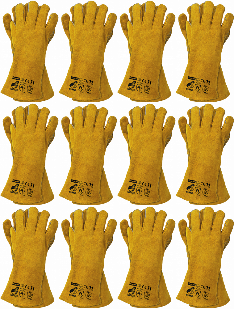 12x Rękawice robocze Reis Weldoger, skórzane, spawalnicze, rozmiar 11, żółto-miodowy