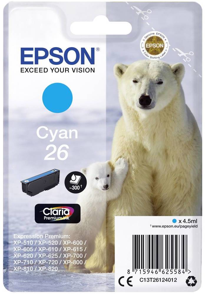 Tusz Epson T2612 (C13T26124012), 300 stron, cyan (błękitny)