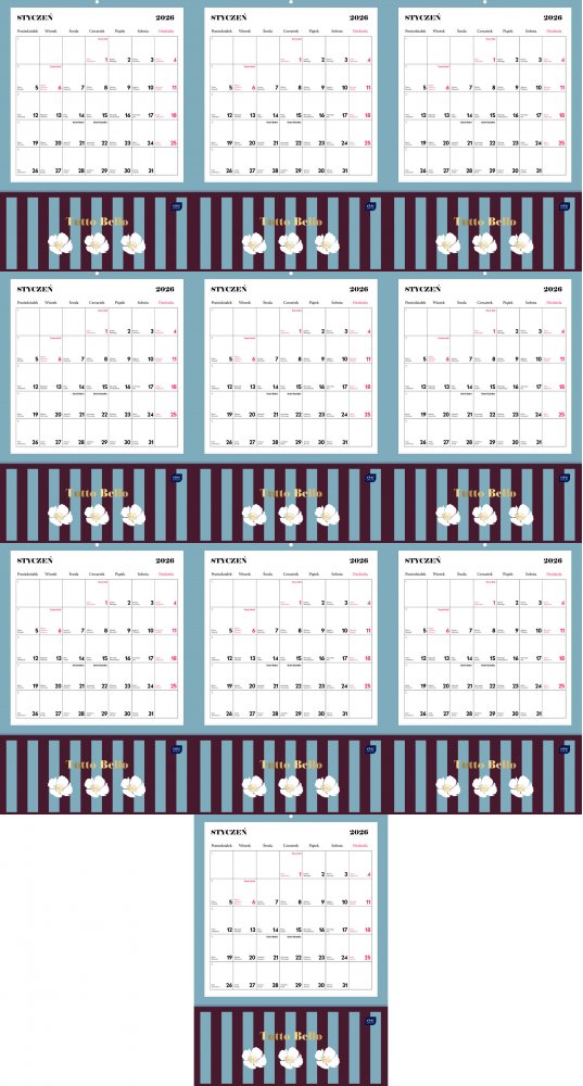 10x Kalendarz ścienny 2026, Interdruk, z kieszonką, 28x40cm, miesięczny, Tutto Bello