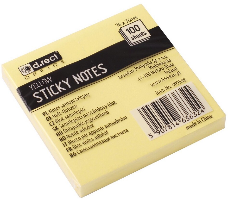 Karteczki samoprzylepne D.Rect, 76x76mm, 100 karteczek, żółty