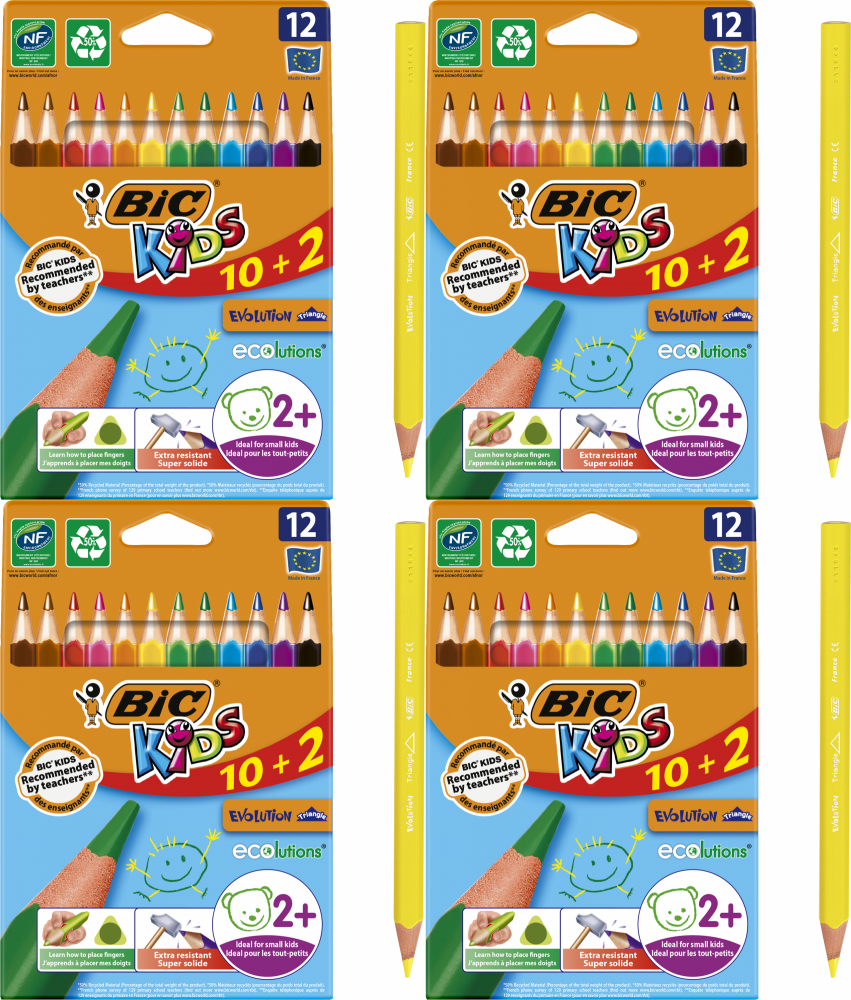 4x Kredki ołówkowe BIC Kids Evolution Triangle ECOlutions, 10+2 sztuki, mix kolorów