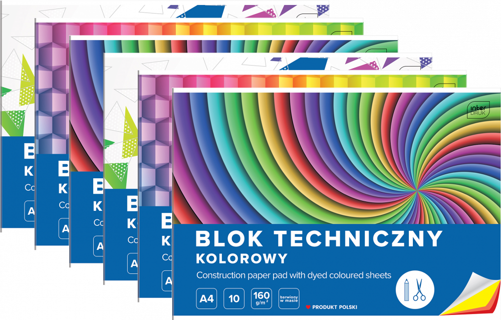 6x Blok techniczny Interdruk, A4, 10 kartek, kolorowy, barwiony w masie, mix wzorów