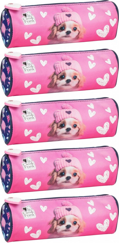 5x Piórnik tuba Cleo&Frank (Pies), bez wyposażenia, 7x21cm, różowy