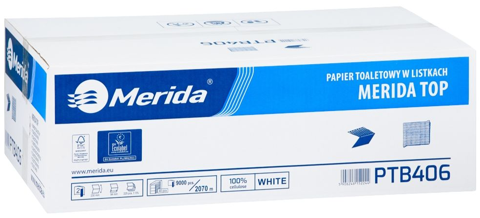 Papier toaletowy Merida Top, 2-warstwowy, w składce, 9.4x23cm, 40x225 sztuk, biały