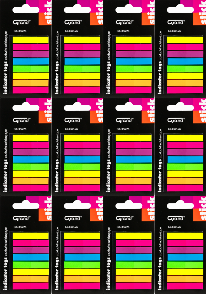 12x Zakładki samoprzylepne Grand GR-083-25, indeksujące, proste, 45x7 mm, 8x25 sztuk, mix kolorów