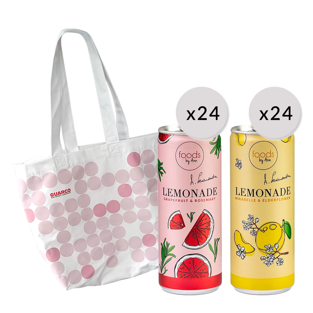 Zestaw: Lemoniada mirabelka, 250 ml x24 + Lemoniada grejpfrut, 250 ml x24 + Torba Guarco