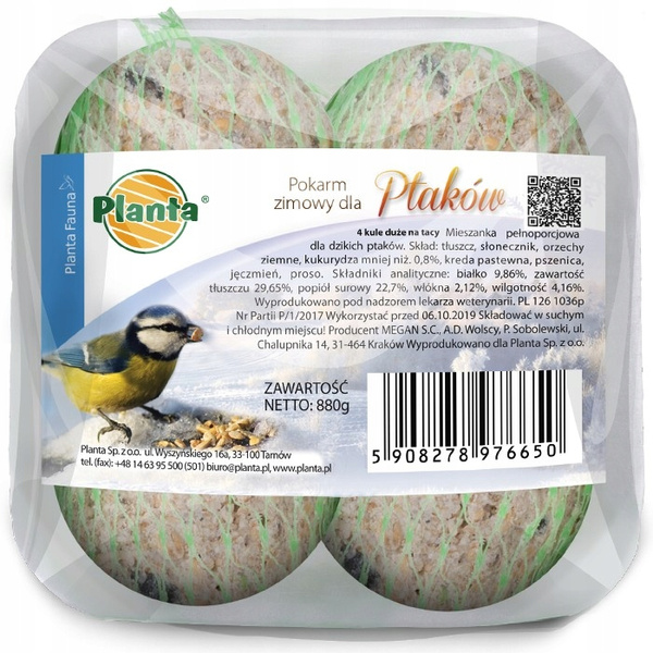 Pokarm dla ptaków 4 kule na tacy 880g
