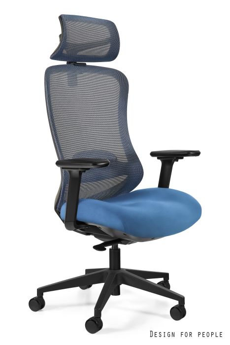 Fotel biurowy Adapta, ergonomiczny, obrotowy, regulowane podłokietniki, siatka/tkanina, niebieski