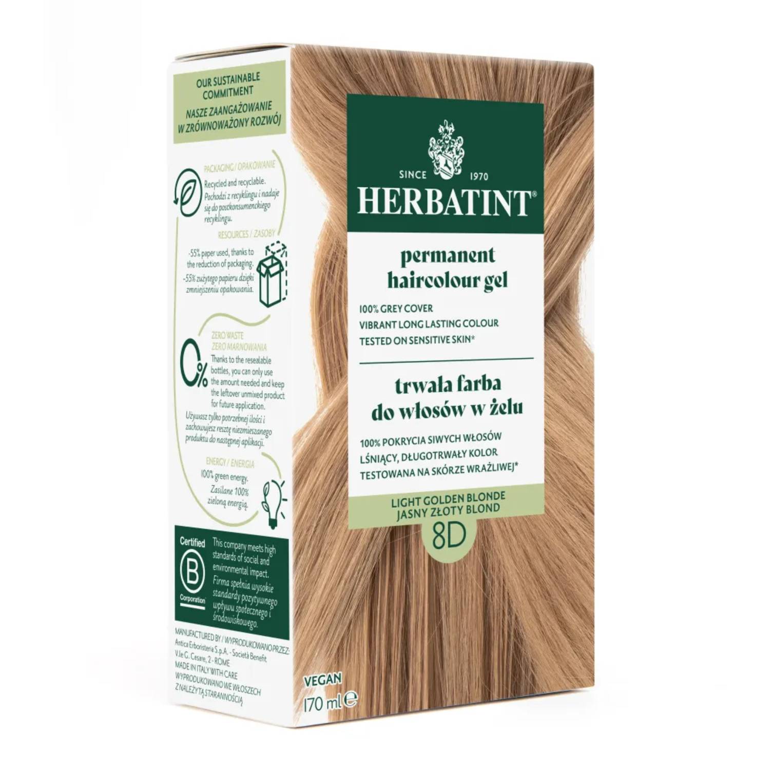 Herbatint - farba do włosów 8d, jasny złoty blond, 170 ml