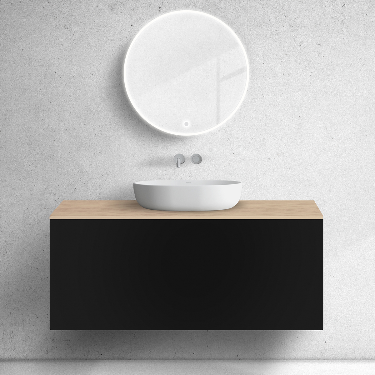 Zestaw Oltens Lun szafka podumywalkowa 120 cm z blatem czarny mat/dąb 68694300