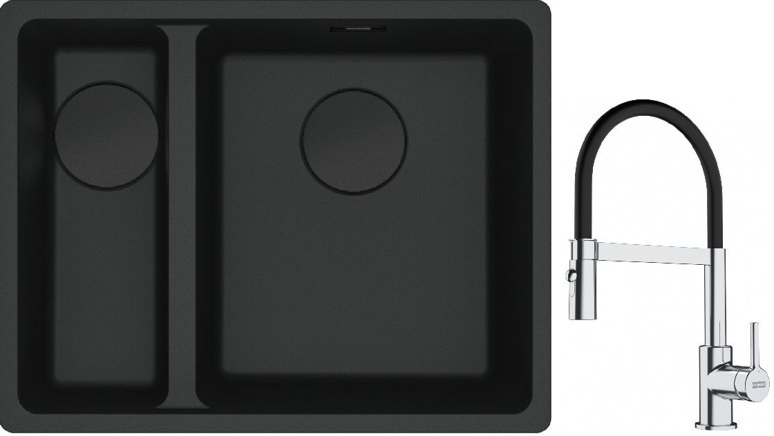 Franke Maris MRG 160-34-15SBL zlewozmywak 52x40 cm Fragranite czarny mat z baterią kuchenną Lina chrom/czarny (1250697756, 1150626085)