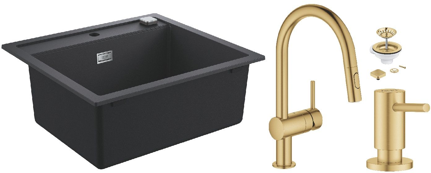 Zestaw Grohe K700U zlewozmywak granitowy 56x51 cm z baterią Grohe Minta z zestawem odpływowym i dozownikiem Grohe Cosmopolitan ...