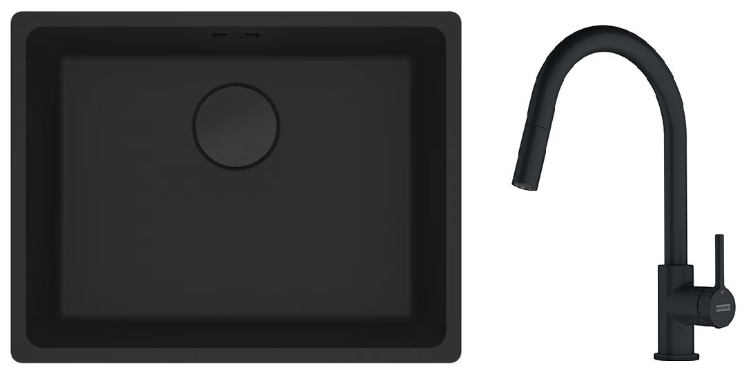 Zestaw Franke Maris zlewozmywak granitowy 52x40 cm z baterią kuchenną Pull-Out czarny mat (1250697759, 1150626053)