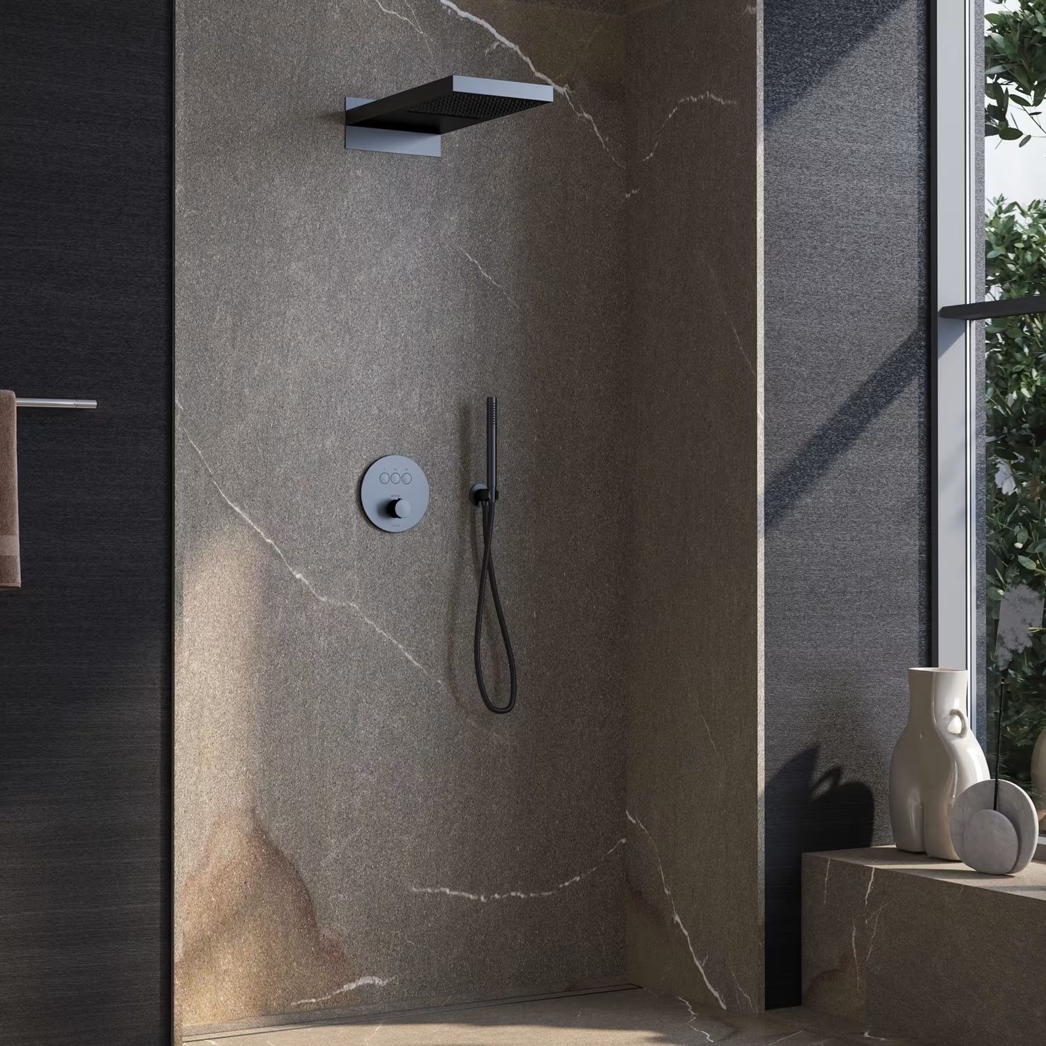 Zestaw Kronenbach Smart Push bateria wannowo-prysznicowa podtynkowa termostatyczna czarny mat z deszczownicą i kompletem natryskowym ...