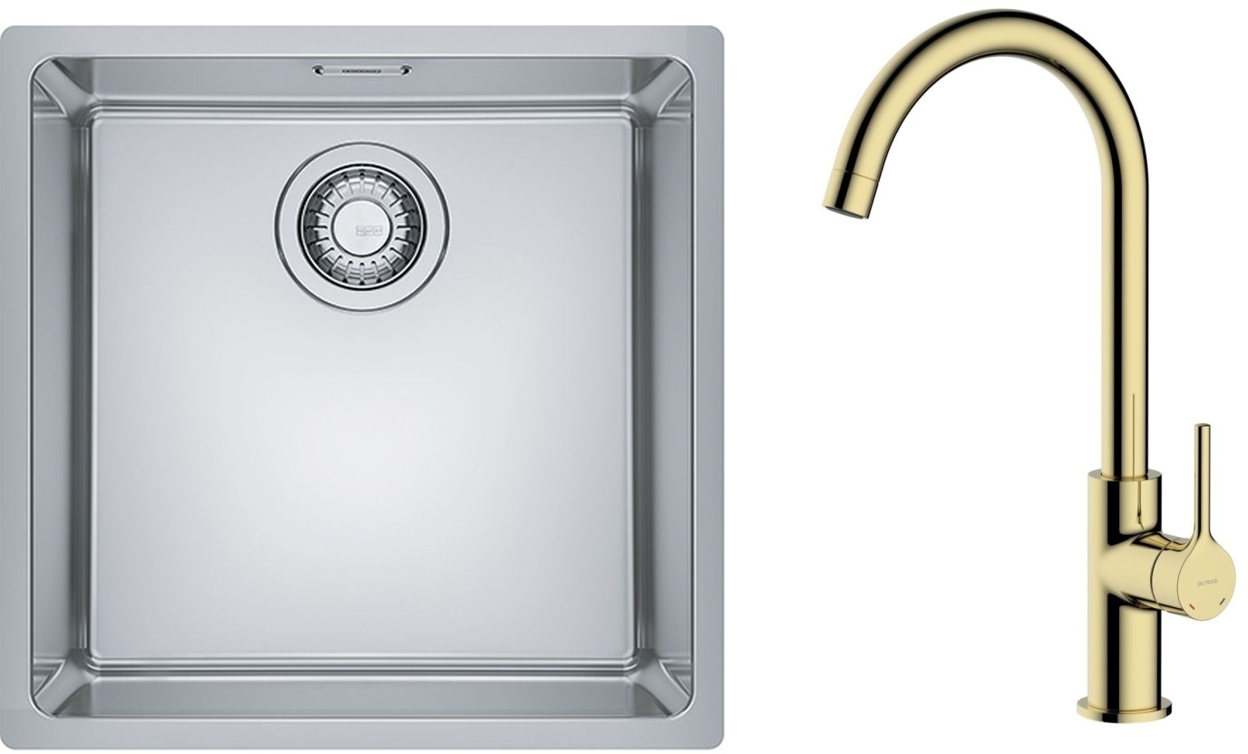 Zestaw Franke Maris MRX 110-40 zlewozmywak 40x40 cm z baterią kuchenną Oltens Skaft stal szczotkowana/złoty połysk (1220543995, ... - Wysyłka w 24h